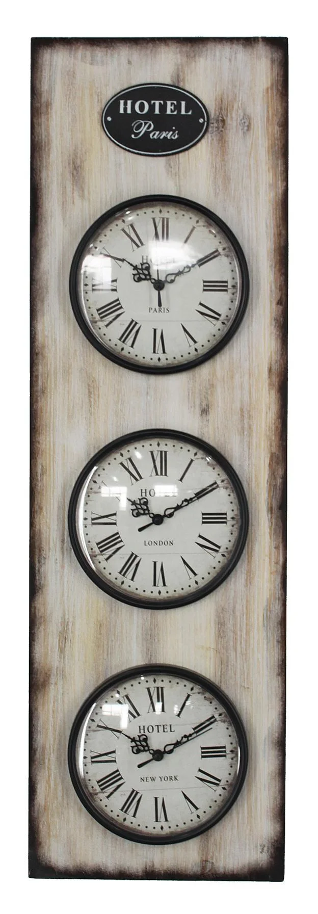 Rectangle Shape Antique Wood Colour 3 AA Battery Powered 3 Time Zone Wooden Style Wall Clock for Creative Home Decor for Living Room Decor