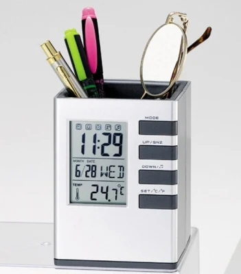 オフィス LCD カウントダウン機能目覚まし時計時間温度表示ペンホルダー耐久性のあるデスクトップオーガナイザー