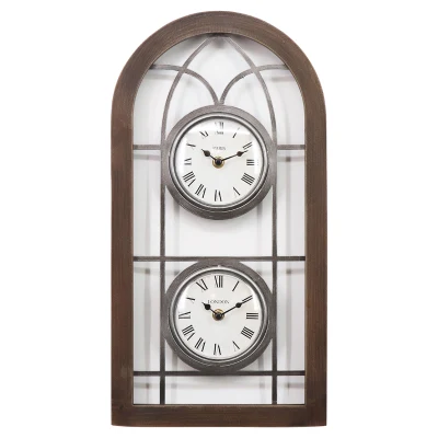 2 つの時計、さまざまな国のタイムゾーンが表示されたアンティークの壁時計、ヴィンテージの壁時計